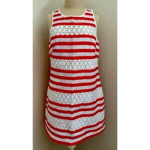 Phoebe Couture Shift Dress Size 10 Coral & White Eyelet Lace Sleeveless Beachy